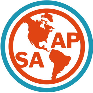 Society for the Advancement of American Philosophy Logo: SAAP split around an image of North and South America